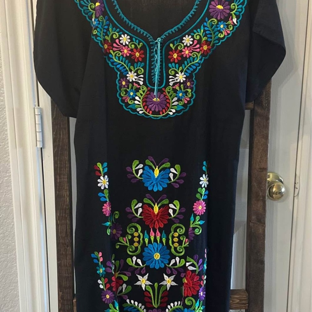 Gorgeous Mexican Embroidered Black Floral Dress